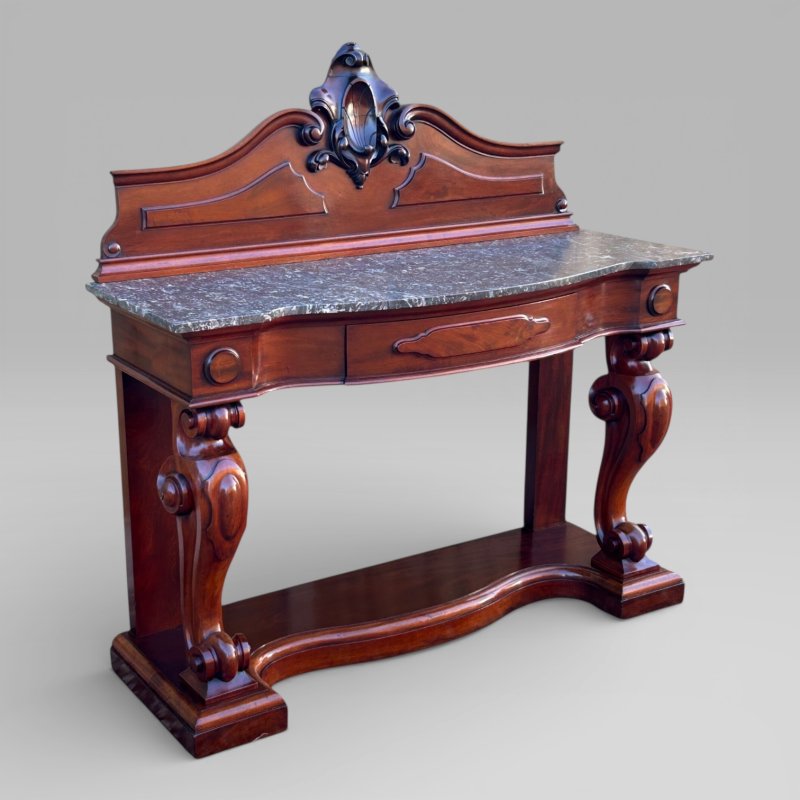 Antique Victorian Mahogany & Marble Topped Carved Console Wall Table With Drawer - Image 5
